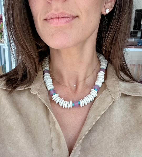 Janie Beaded Necklace - White & lavender