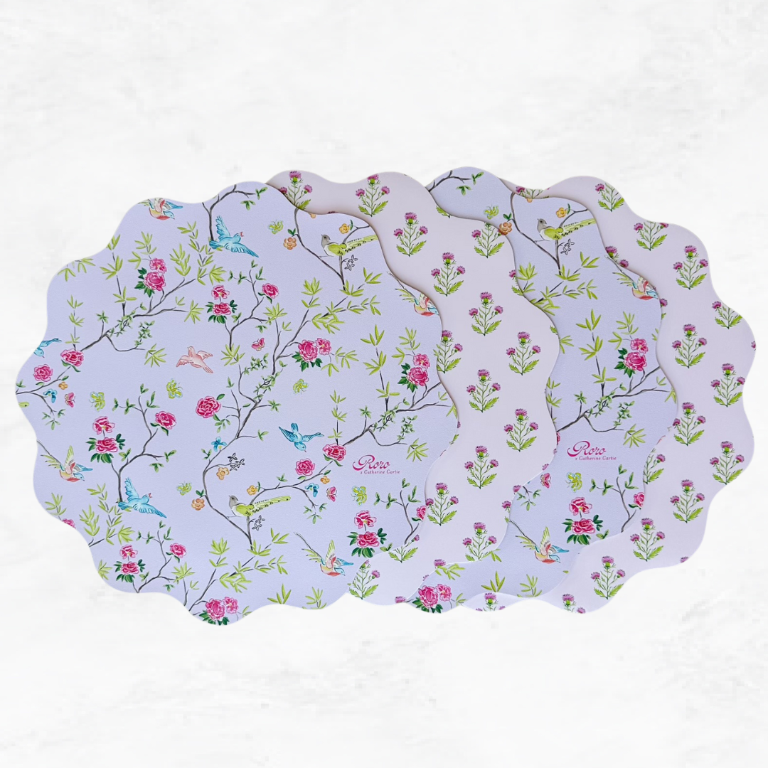 Wipeable Reversible Placemat - Purple Thistle + Lavender Chinoiserie