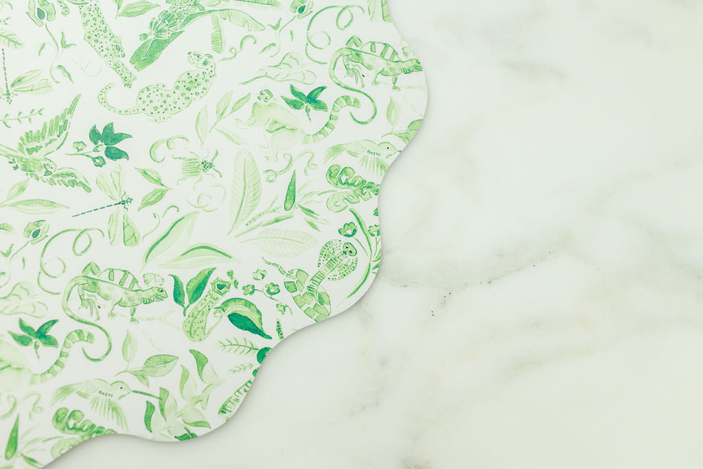 Wipeable Reversible Placemat - Green Jungle + Blue Chinoiserie