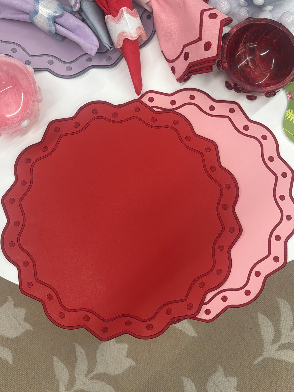 Wipeable Reversible Embroidered Placemats - Blush + Cherry (Set of 2)