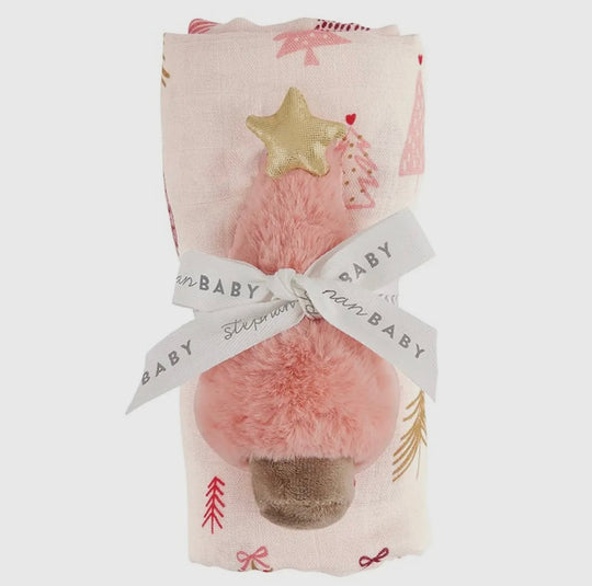 Pink Tree Swaddle Blanket & Rattle